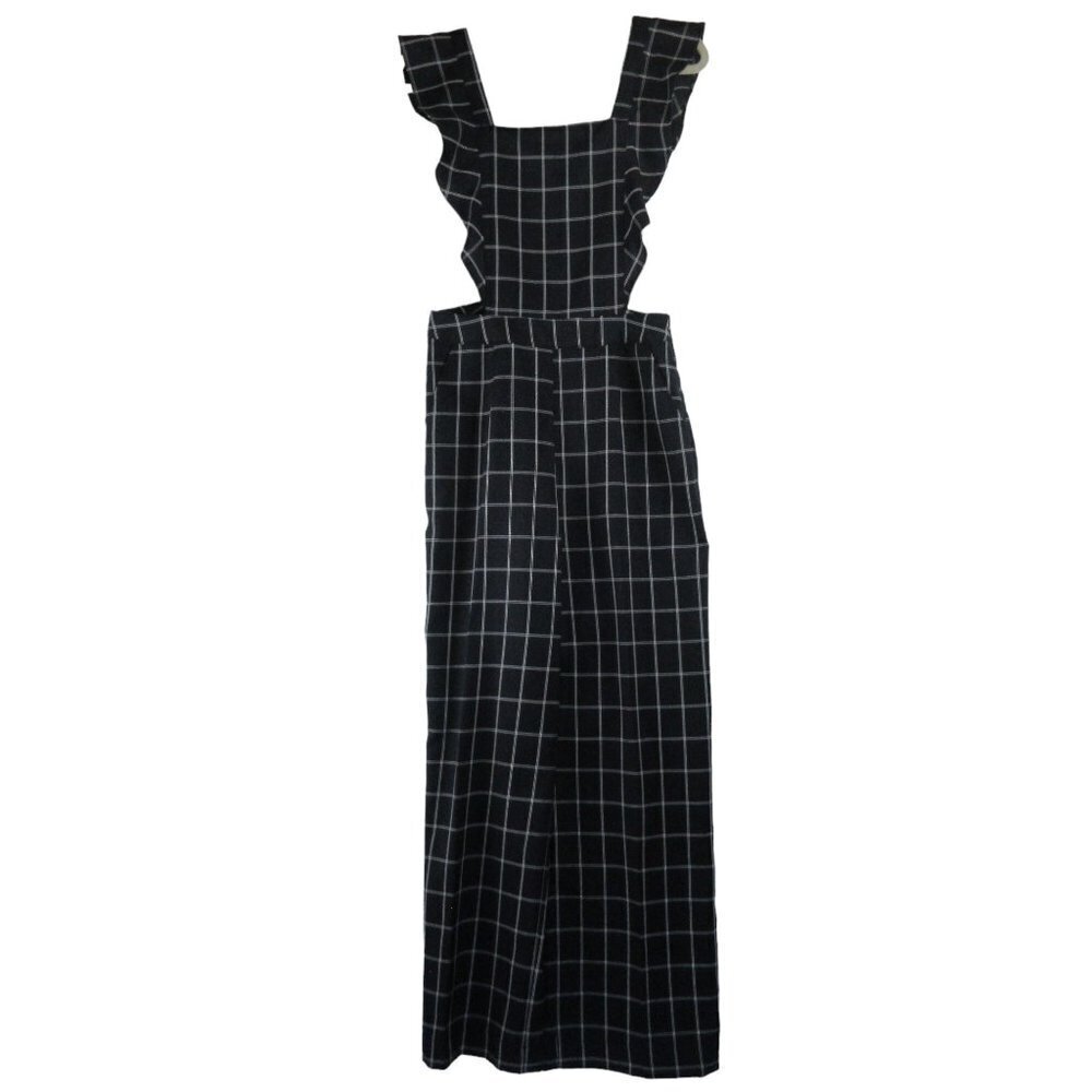 Skies are Blue Windowpane Ruffle Jumpsuit Size S Checked Navy Wide Leg